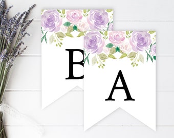 Lilac Green Floral Editable Bunting, Purple DIY Banner Template, Lavender Custom Banner, Printable Bunting Garland Instant Download 021-W