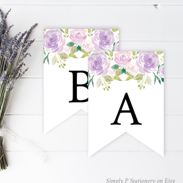 Lilac Green Floral Editable Bunting, Purple DIY Banner Template, Lavender Custom Banner, Printable Bunting Garland Instant Download 021-W