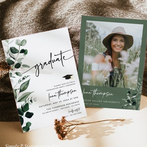 Botanical Graduation Invitation, Greenery Graduation Announcement, Modern Graduation Invite, Graduation Photo Invite Editable Template 029-W