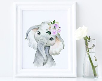 Lilac Floral Elephant Printable Nursery Art, Lavender Nursery Decor, Purple Elephant Wall Art, Girl's Room Decor, Instant Download 617-A