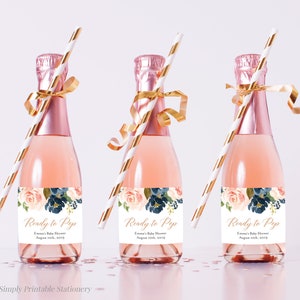 Etichette per bottiglie di champagne mini modificabili blu navy, modello di etichette per bottiglie di vino mini floreali pronte per essere stampate, download immediato stampabile 041-W