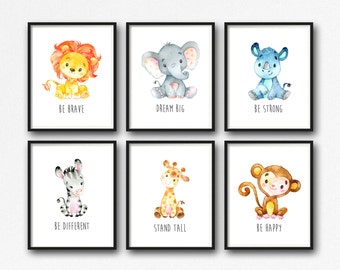 Animals Printable Nursery Art, Jungle Animals Nursery Decor, Lion Giraffe Elephant Monkey Rhino Zebra Nursery Art, Set of 6 Instant Download