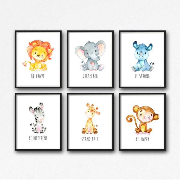 Tiere Druckbares Kinderzimmer, Dschungel Tiere Kinderzimmer Dekor, Löwe Giraffe Elefant Affe Nashorn Zebra Kinderzimmer Kunst, 6er Set Instant Download