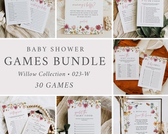 Può includere: Un set di 30 giochi di baby shower stampabili a tema floreale. I giochi includono "Quanto è grande la pancia di mamma?", "Baby più o meno", "Nomina l'animale bambino", "Baby ABC", "Indovina il cibo per bambini" e "Un messaggio dalla pancia di mamma".