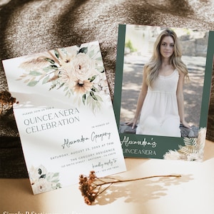 Boho Quinceañera Invitation with Photo, Sage Green Quince Invite Boho, 15th Birthday Printable, Editable Mis XV Invitation Template, 027-W