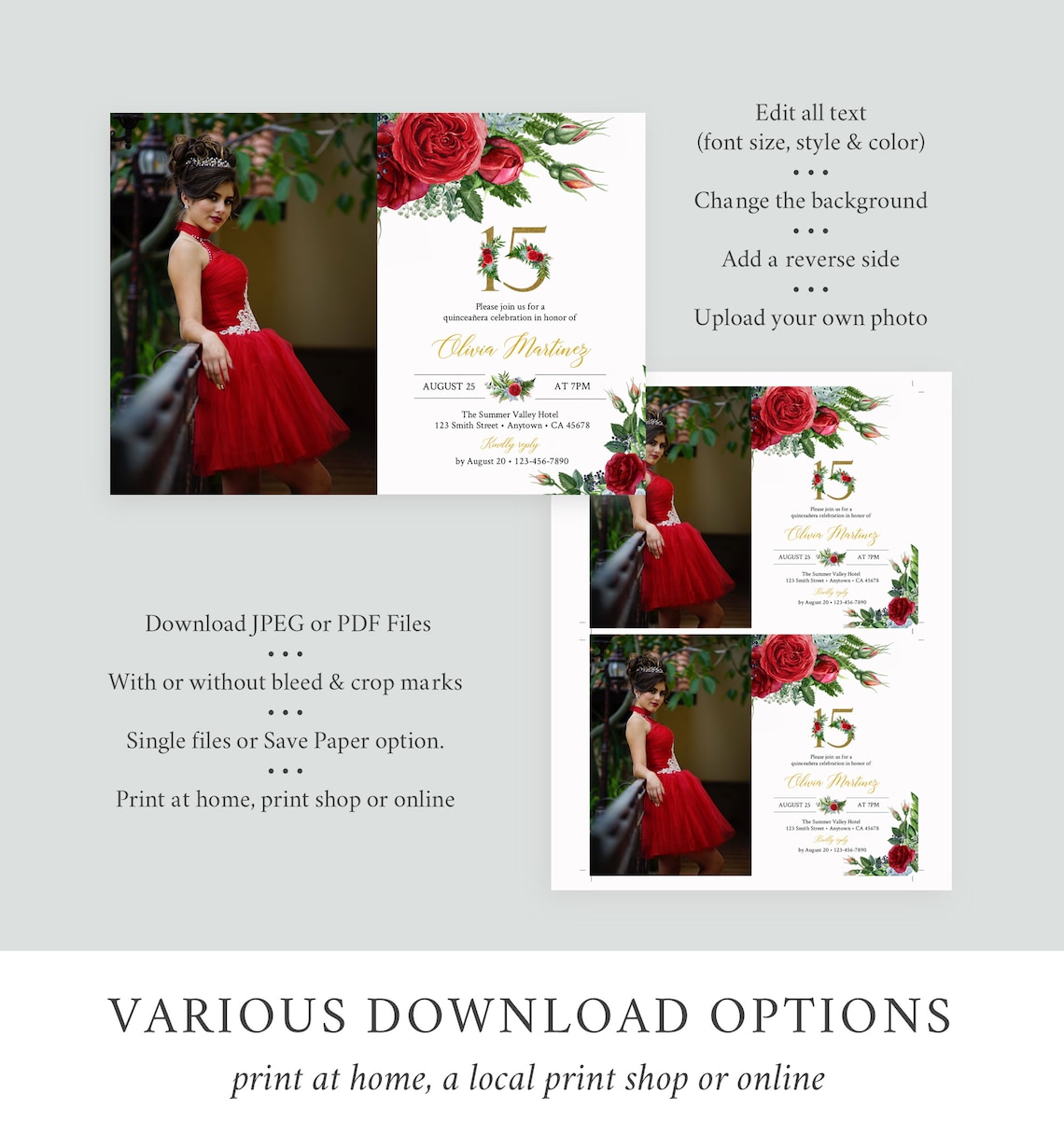 Red Rose Editable Photo Quinceanera Invitation, Printable Red Gold ...