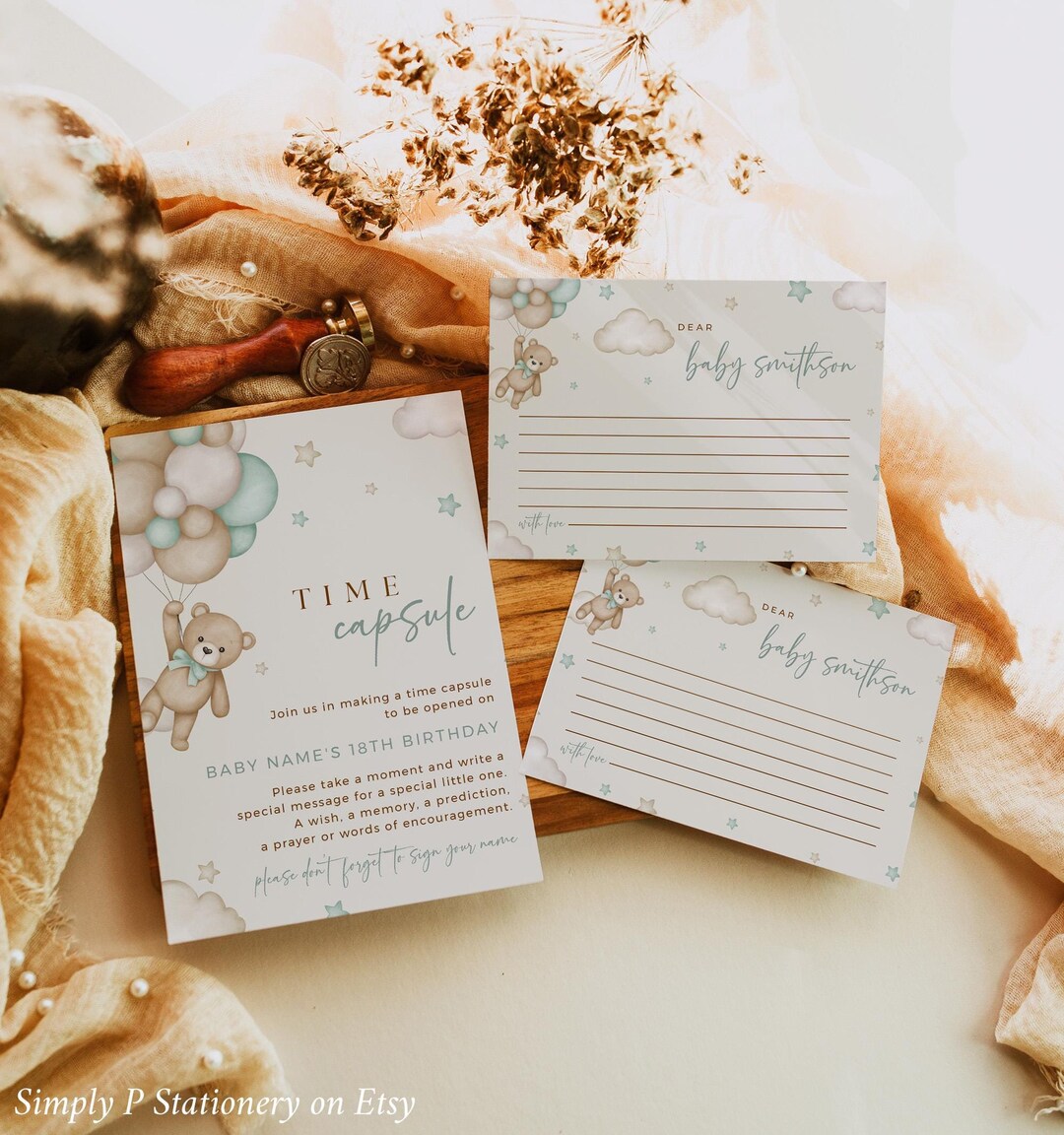 Bear Time Capsule Card and Sign Template, Sage Teddy Bear 1st Birthday ...