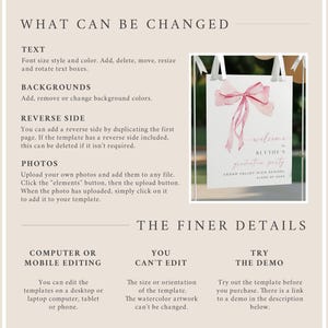 May include: A pink and white graduation party sign with a watercolor bow and the text "Welcome to Blythe's Graduation Party, Cedar Valley High School, Class of 20xx".