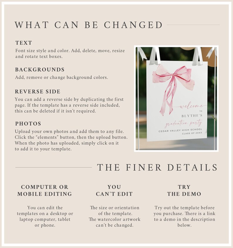 May include: A pink and white graduation party sign with a watercolor bow and the text "Welcome to Blythe's Graduation Party, Cedar Valley High School, Class of 20xx".