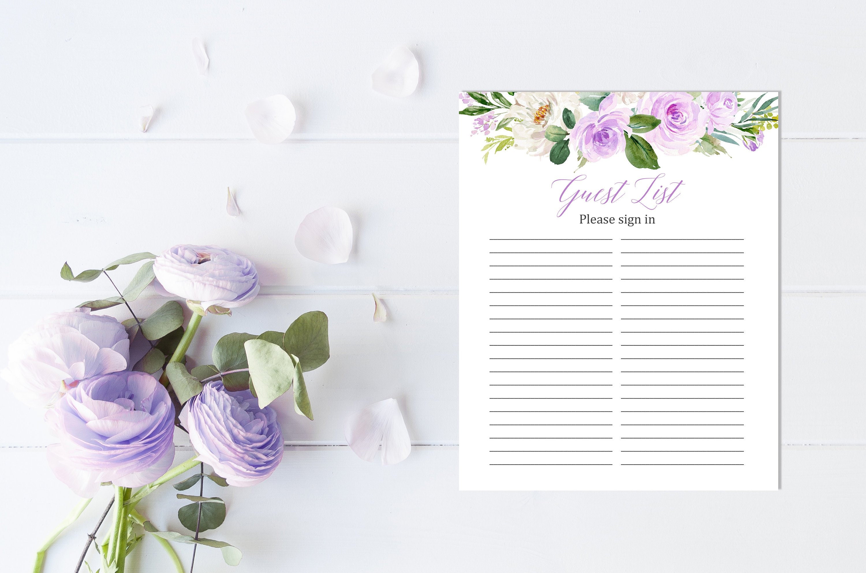Purple Floral Guest List Printable Sheet Bridal Shower Guest Etsy