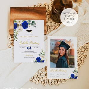 May include: A graduation party invitation with blue and white floral designs. The invitation is for Isabella Martinez and includes the date, time, and location of the party. The back of the invitation features a photo of Isabella Martinez in her graduation cap and gown.
