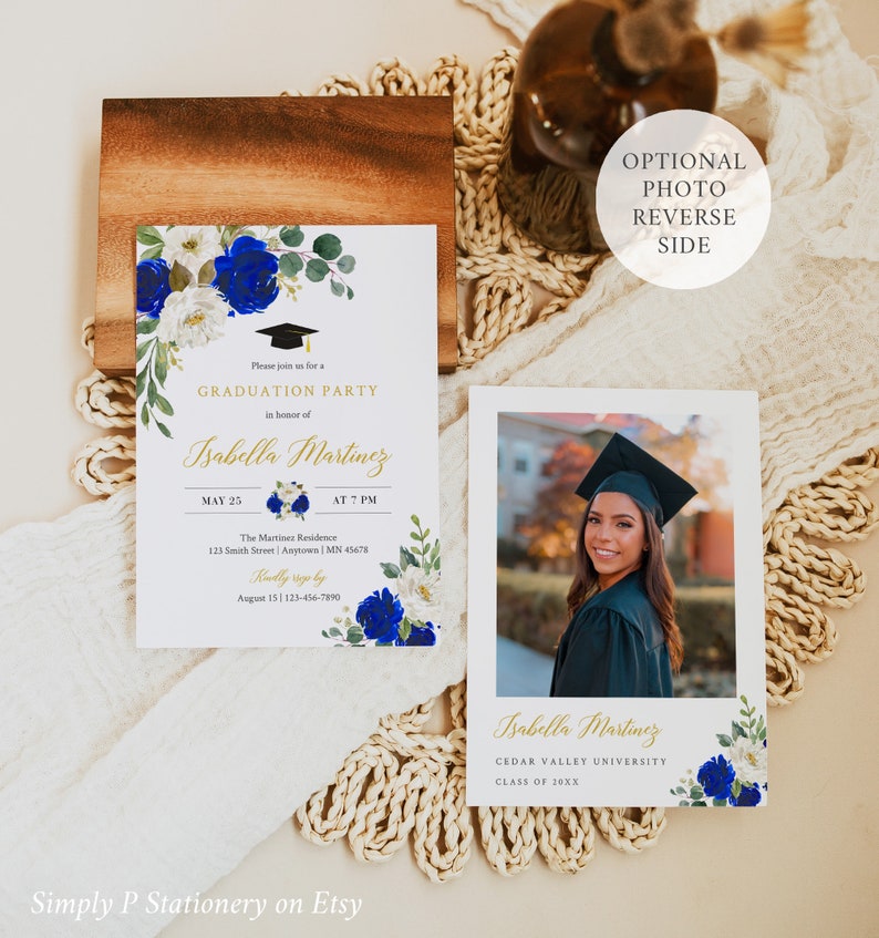 May include: A graduation party invitation with blue and white floral designs. The invitation is for Isabella Martinez and includes the date, time, and location of the party. The back of the invitation features a photo of Isabella Martinez in her graduation cap and gown.