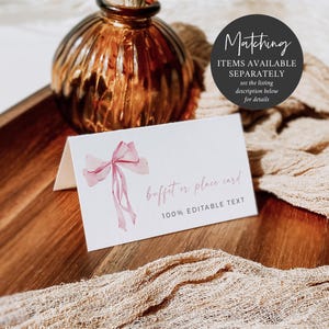 May include: A pink watercolor bow on a white card with the text "buffet or place card" and "100% EDITABLE TEXT".