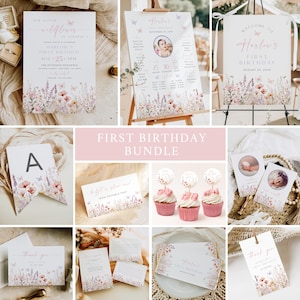 Wildflower First Birthday Bundle Wild flower 1st Birthday Party Invitation Set, Little Wildflower Turning One Birthday Decor, Template 086-A