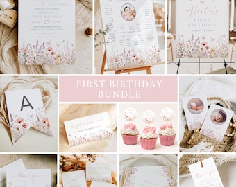 Wildflower First Birthday Bundle Wild flower 1st Birthday Party Invitation Set, Little Wildflower Turning One Birthday Decor, Template 086-A