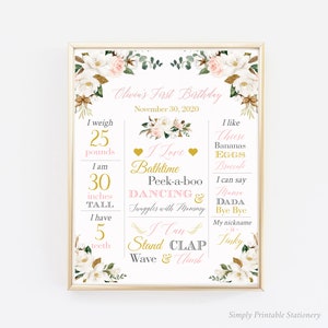 Magnolia Floral First Birthday Editable Milestone Poster, Milestone Printable Template, Cotton Personalized Sign, Instant Download, 037-W