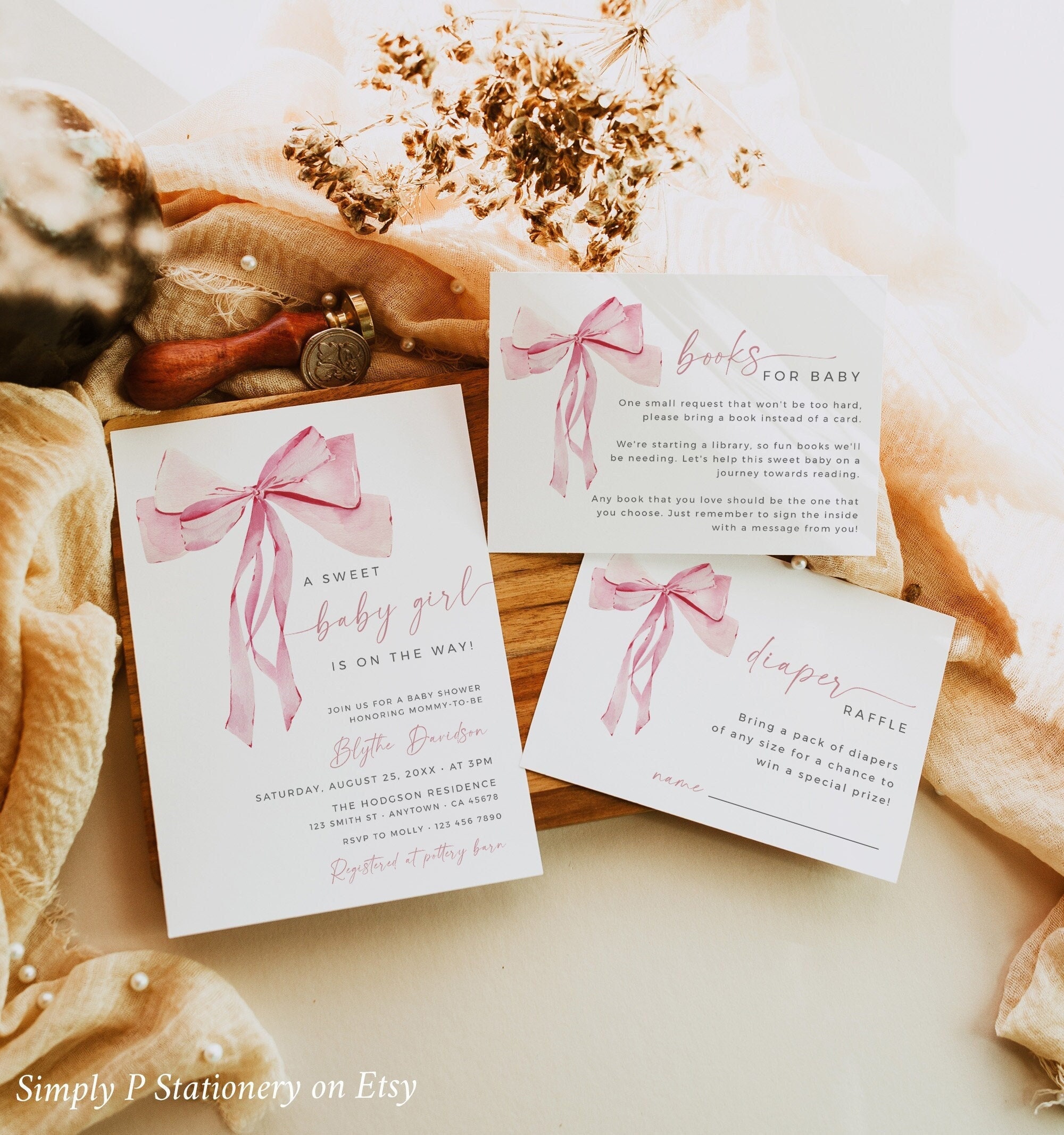 Pink Bow Baby Shower Invitation Set Girl, Blush Ribbon Baby Shower ...