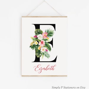 Tropical Floral Monogram Name Printable Nursery Art Pink - Etsy
