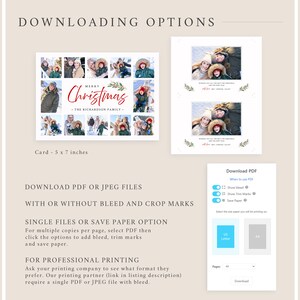 May include: A Christmas card design with family photos in a grid, with the text "Merry Christmas" and "The Richardson Family." The card is 12.7 x 17.8 cm. Options include PDF and JPEG file downloads with bleed and crop marks.