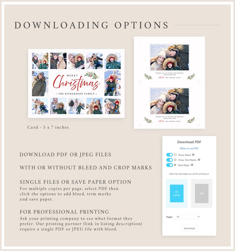 May include: A Christmas card design with family photos in a grid, with the text "Merry Christmas" and "The Richardson Family." The card is 12.7 x 17.8 cm. Options include PDF and JPEG file downloads with bleed and crop marks.