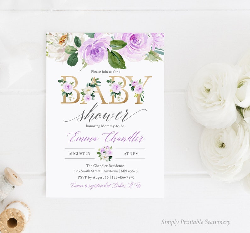 Lilac Editable Baby Shower Invitation Printable Purple Floral Etsy