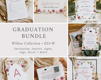 Wildflower Graduation Party Bundle, Girl Graduation Invite Set, Grad Welcome Sign, QR Code Sign, Grad Party Decor, Editable Template, 023-W