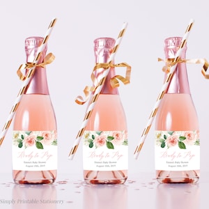 Etichette per bottiglie di champagne mini modificabili Blush, modello di etichette per bottiglie di vino mini floreali pronte per essere pop, stampabile, download istantaneo 016-W