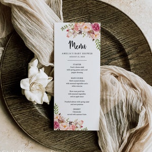 Menu na baby shower w stylu boho, menu na przyjęcie w stylu rumieńców, karta menu weselnego, menu urodzinowe, karta menu do wydrukowania z motywem piwonii, edytowalny szablon menu, 025-W