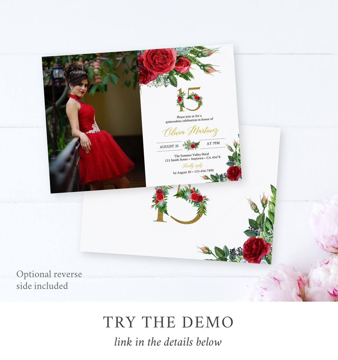 Red Rose Editable Photo Quinceanera Invitation, Printable Red Gold ...