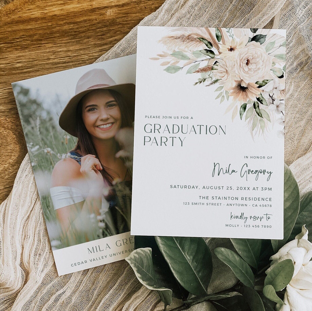 Sage Boho Graduation Party Invitation, Pampas Grass Bohemian Invite