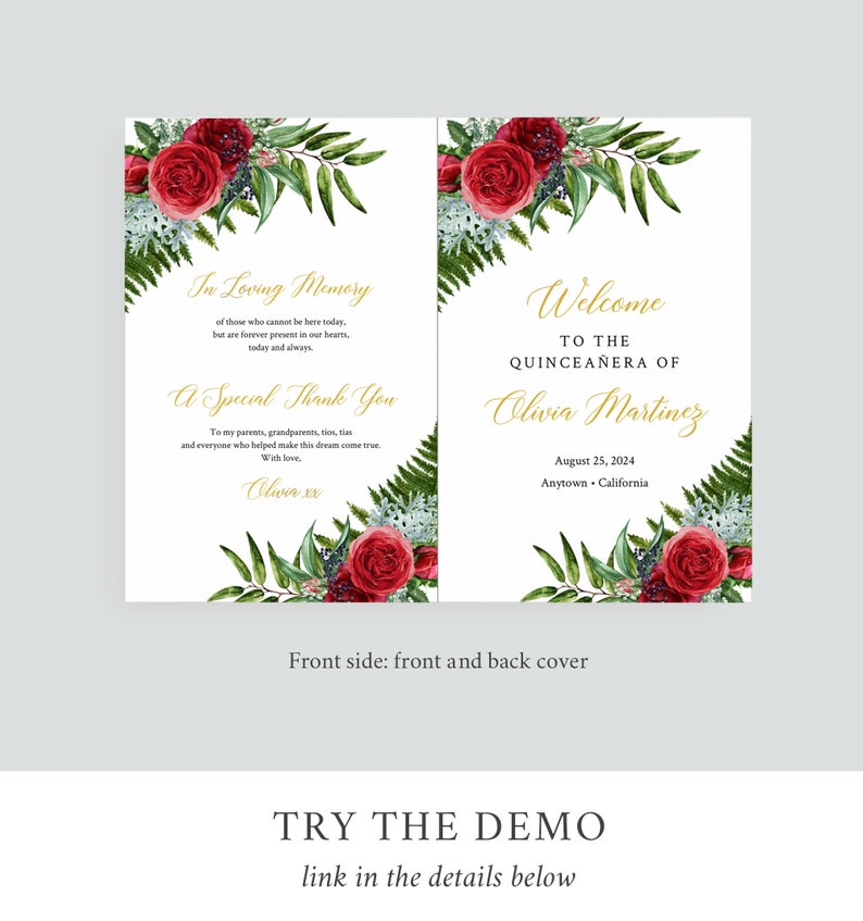 Editable Red Rose Floral Quinceañera Booklet Program, Red Gold ...