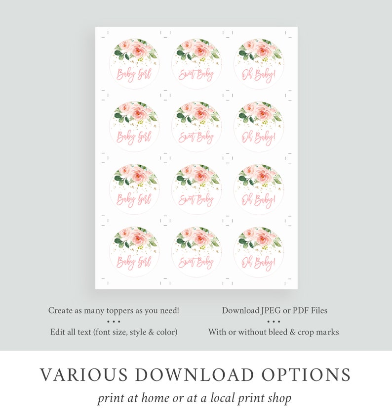 Pink Gold Floral Editable Cupcake Toppers Blush Printable - Etsy