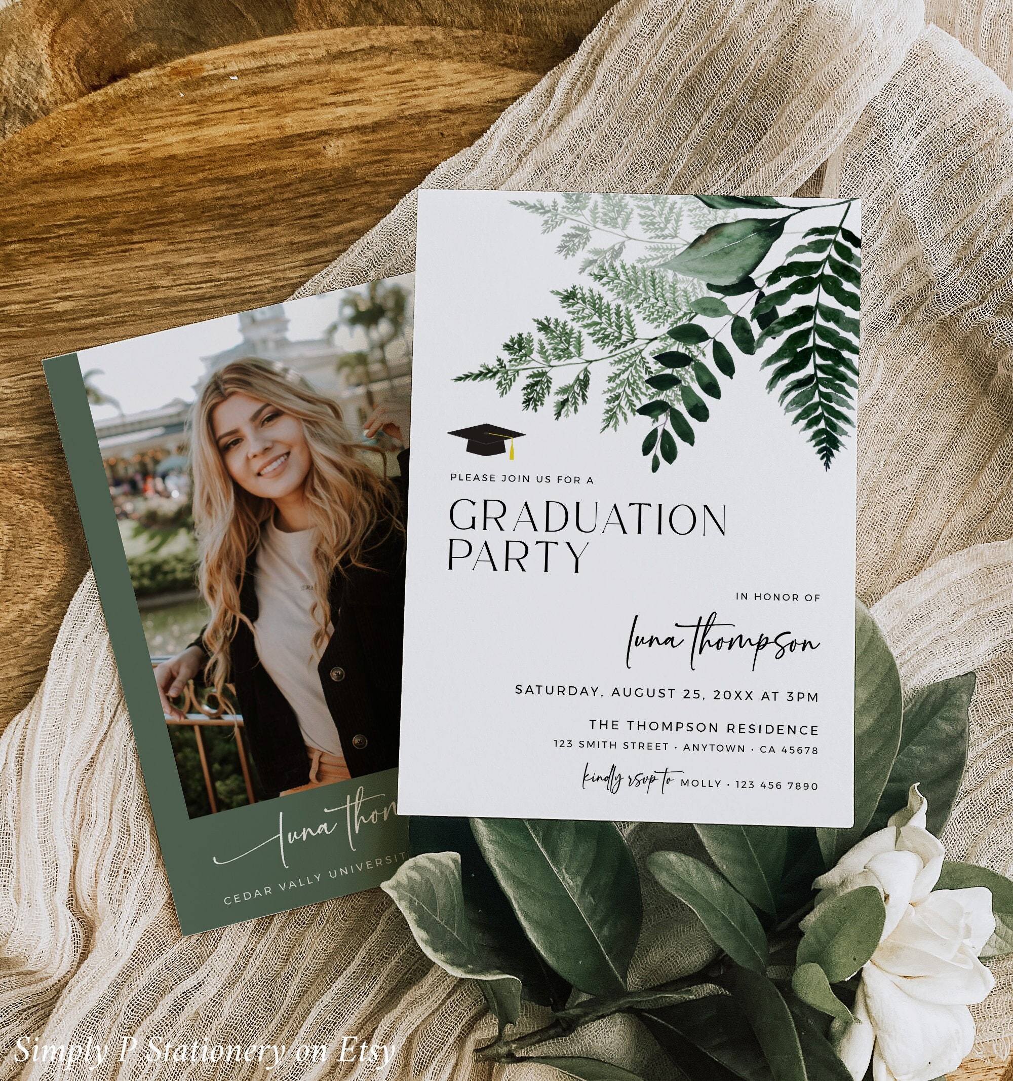 Greenery Graduation Party Invitation, Foliage Graduation Announcement,  Modern Photo Invite, Botanical Class 2025 Invite, Editable, 029-W - Etsy, image size:2000x2133