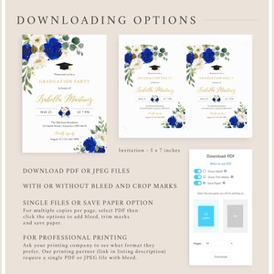 May include: A digital download for a graduation party invitation. The invitation features a blue and white floral design with gold accents. The text on the invitation reads "Please join us for a Graduation Party in honor of Isabella Martinez." The invitation is available in PDF or JPEG format and can be downloaded with or without bleed and crop marks.