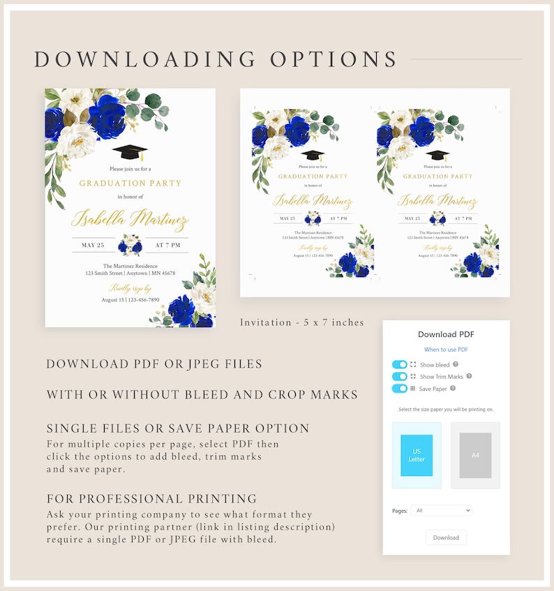 May include: A digital download for a graduation party invitation. The invitation features a blue and white floral design with gold accents. The text on the invitation reads "Please join us for a Graduation Party in honor of Isabella Martinez." The invitation is available in PDF or JPEG format and can be downloaded with or without bleed and crop marks.