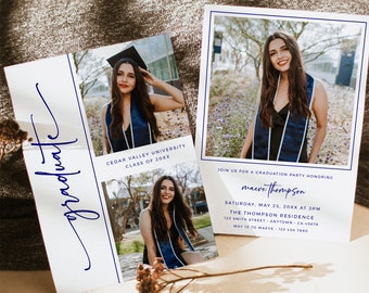 Navy Graduation Party Invitation, Modern Graduation Announcement, Minimal Graduation Invite, Multiple Photo Invite, Editable Template, 001-W