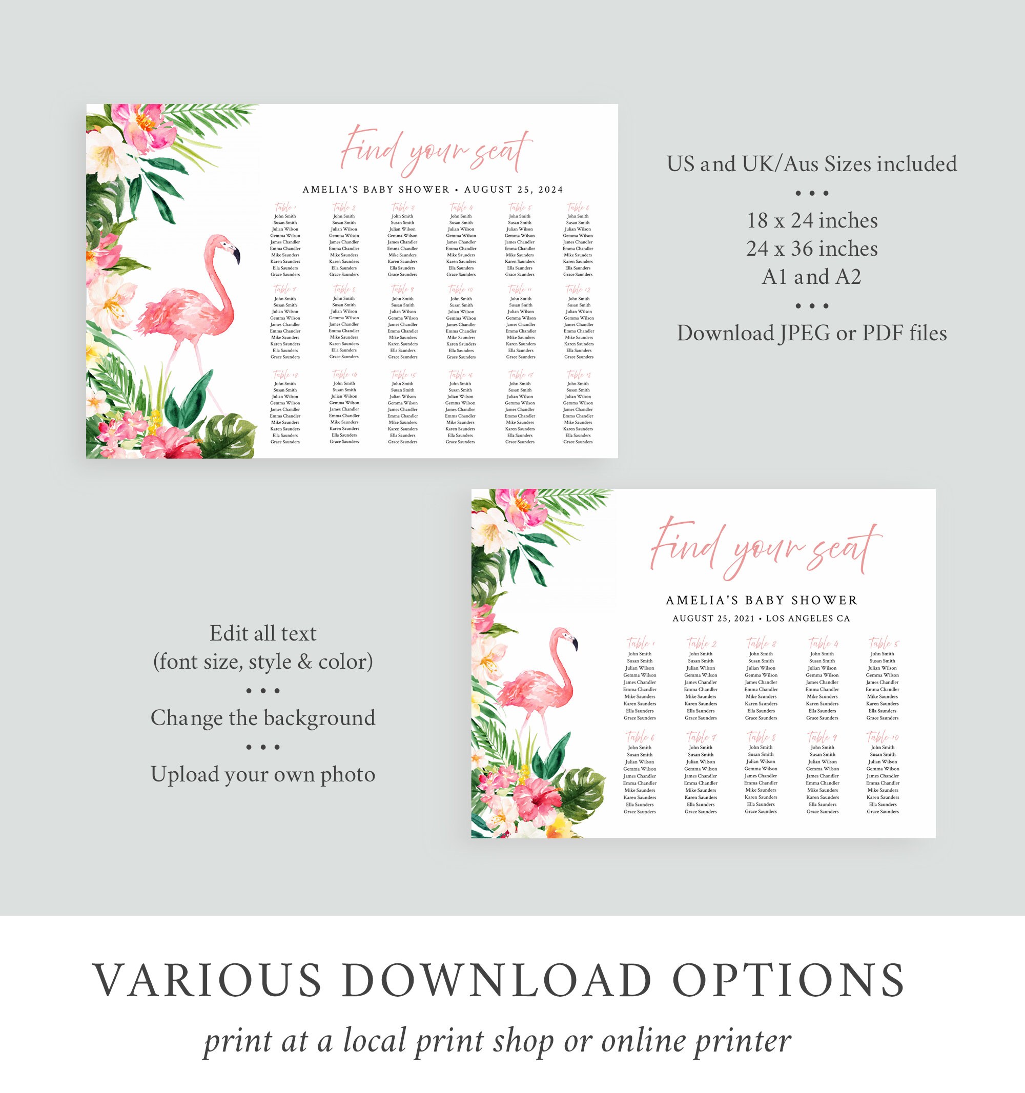Flamingo Editable Seating Chart Printable Tropical Table Plan Etsy