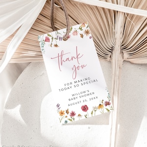 Wildflower Baby Shower Favor Tag, Boho Favor Label, Floral Thank You Tag, Dusty Rose Tag, Printable Girl Shower Tag, Editable Template 023-W