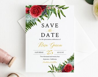 Red Rose Green Gold Floral Quinceanera Editable Save the Date, Printable Mis Quince Save the Date Template 15 años XV Instant Download 058-W