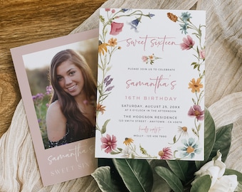 May include: A floral-themed invitation for a Sweet Sixteen birthday party. The invitation features a watercolor illustration of flowers and greenery surrounding the text "Sweet Sixteen" and "Samantha's 16th Birthday". The invitation also includes the date, time, location, and contact information for RSVP.