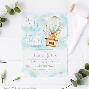 Hot Air Balloon Editable Baby Shower Invitation, Printable Animal Invite Template, Boy Baby Shower, Up Up and Away, Instant Download, 050-B