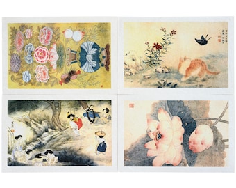 HanJi Postcard Natural Mulberry Fiber Texture Korean Traditional Folk Painting Minwha Printed [ 4 cards ]