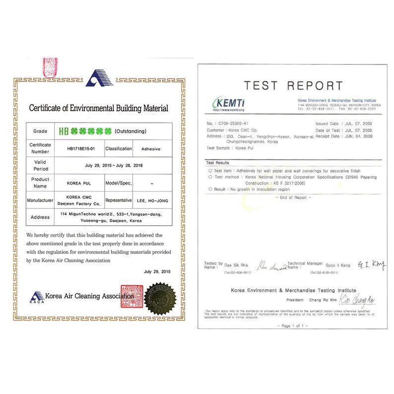 May include: Certificate of Environmental Building Material for KOREA PUL, a product of KOREA CMC, issued by the Korea Air Cleaning Association. The certificate is dated July 29, 2015, and the product is classified as an adhesive. The certificate states that the product has achieved an "Outstanding" grade in testing.