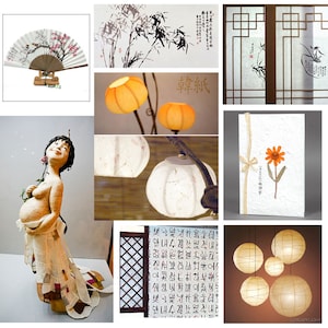 Puede incluir: Una colecci&oacute;n de art&iacute;culos de decoraci&oacute;n del hogar de inspiraci&oacute;n asi&aacute;tica, que incluyen un abanico de papel tradicional, una linterna de papel, una pantalla de madera y una tarjeta con una flor y texto coreano. Los art&iacute;culos est&aacute;n dispuestos sobre un fondo blanco.