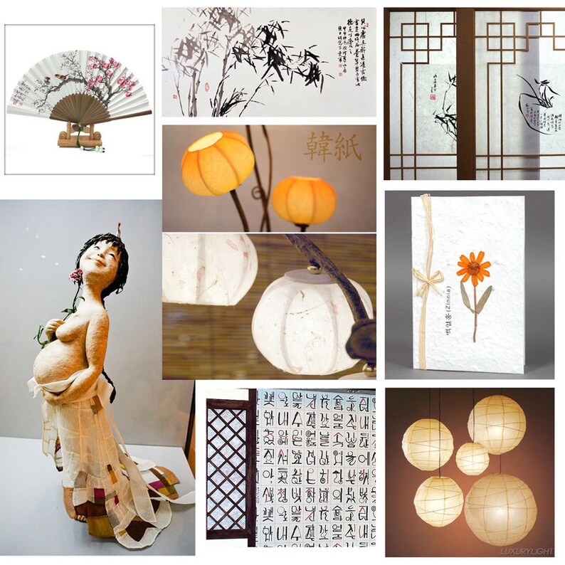 May include: A collection of Asian-inspired home decor items, including a traditional paper fan, a paper lantern, a wooden screen, and a card with a flower and Korean text. The items are arranged on a white background.