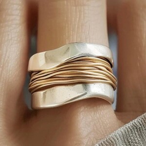 Two-Tone Silver & Gold Wire Wrapped Statement Ring Boho Chunky Wide Band SZ 7