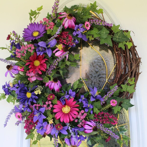 Spring Wreath, Summer Wreath, Front Door Wreath, Grapevine Wreath, Purple Floral Wreath, Daisy Wreath