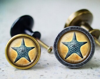 Botão de cabochão estrela do mar, botão de gaveta de cômoda, puxadores de armário de móveis, puxador de gaveta, puxadores de móveis, puxador de botão de cômoda, botão de armário
