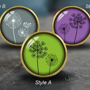 May include: Three round, gold-toned, decorative knobs with different dandelion designs. The knobs are labelled "Style A", "Style B", and "Style C".