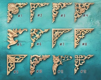 Unpainted Wood Carved Corner Applique Onlay for Wall Molding Decor Wood Onlay Furniture Trim Home Wall Wood Corner flower Wood decal TD43